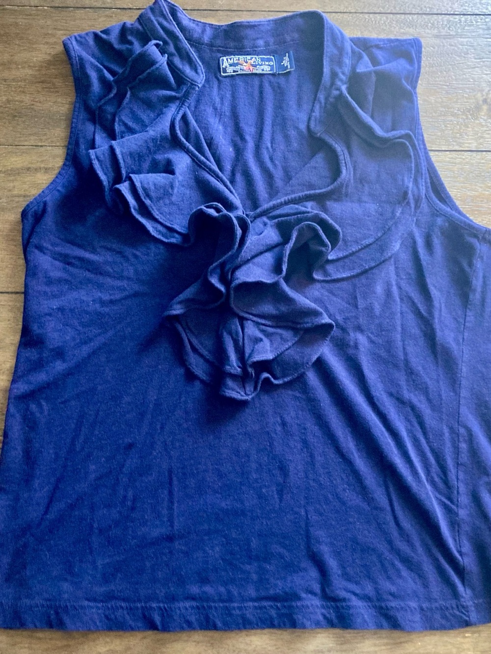 American Living Navy Ruffled Sleeveless V-Neck Top